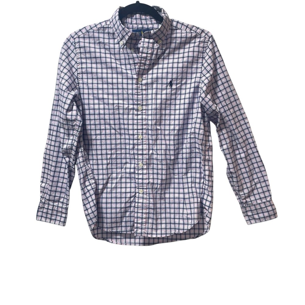 Polo Ralph Lauren Boys Pink Navy Plaid Button Down Shirt Size L 14-16 Cotton